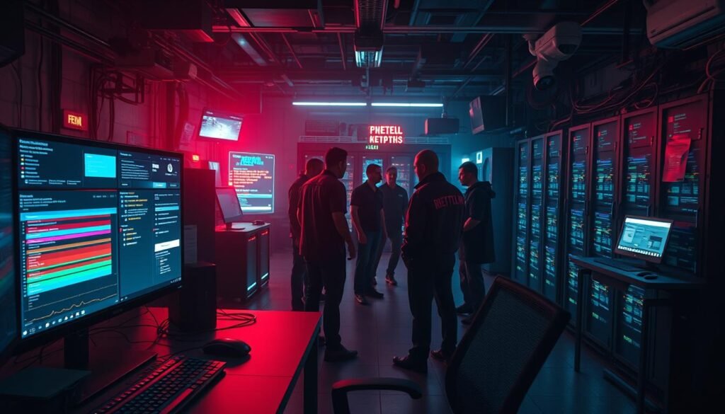 A high-contrast, cinematic scene depicting the "detection" phase of incident response. In the foreground, an analyst's workstation with multiple displays showcasing live network traffic monitoring, anomaly detection alerts, and a threat intelligence dashboard. In the middle ground, a team of cybersecurity professionals collaborating, studying the data, and formulating a response strategy. The background features a dimly lit, technology-laden control room with blinking servers and security cameras, conveying a sense of urgency and vigilance. Dramatic lighting casts dramatic shadows, and the overall mood is one of heightened awareness and analytical focus, as the blue team springs into action to thwart the ongoing cyber threat. A high-contrast, cinematic scene depicting the "detection" phase of incident response. In the foreground, an analyst's workstation with multiple displays showcasing live network traffic monitoring, anomaly detection alerts, and a threat intelligence dashboard. In the middle ground, a team of cybersecurity professionals collaborating, studying the data, and formulating a response strategy. The background features a dimly lit, technology-laden control room with blinking servers and security cameras, conveying a sense of urgency and vigilance. Dramatic lighting casts dramatic shadows, and the overall mood is one of heightened awareness and analytical focus, as the blue team springs into action to thwart the ongoing cyber threat.