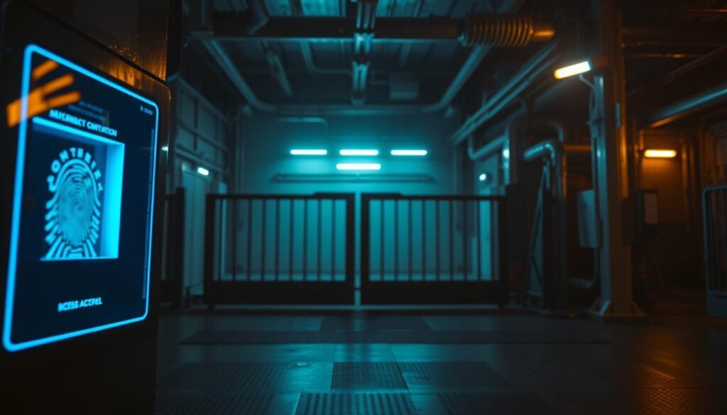 A high-contrast, cyberpunk-inspired scene depicting the concept of "access control". In the foreground, a biometric security panel with a fingerprint scanner and retina scanner glows with an eerie blue light. In the middle ground, a sleek, angular access gate stands guard, its barriers raised to allow passage. The background is a dimly lit, industrial environment with steel beams, pipes, and the faint glow of security lights. The overall atmosphere is one of high-tech security, control, and the need to prove one's identity to gain entry. The lighting is dramatic, with sharp shadows and highlights that emphasize the technical, futuristic nature of the scene.