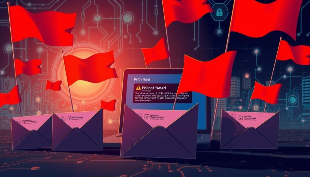 A high-contrast digital illustration depicting multiple red flags symbolizing phishing email indicators. The foreground features a collection of open envelopes, some with suspicious sender addresses and unsecured logos. In the middle ground, a laptop displays an alert warning about potential phishing attempts. The background depicts a stylized cybersecurity landscape with glowing nodes and circuit-board patterns, conveying the technological nature of the threat. Bright, warm lighting from an unseen source casts dramatic shadows, emphasizing the urgent, cautionary tone. The overall composition is clean, minimalist, and designed to clearly communicate the "red flags" theme.