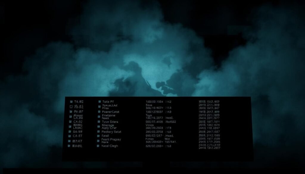 A high-contrast, moody digital illustration depicting an ominous computer screen displaying a detailed directory listing. The foreground features a stark, monochromatic file tree, with folders and files organized in a precise grid layout. The middle ground showcases a hazy, shadowy backdrop, evoking a sense of unease and hidden dangers. The lighting is dramatic, with harsh shadows and stark highlights, creating a sense of depth and intensity. The overall atmosphere is one of foreboding and technical sophistication, reflecting the dangerous implications of an exposed directory listing.