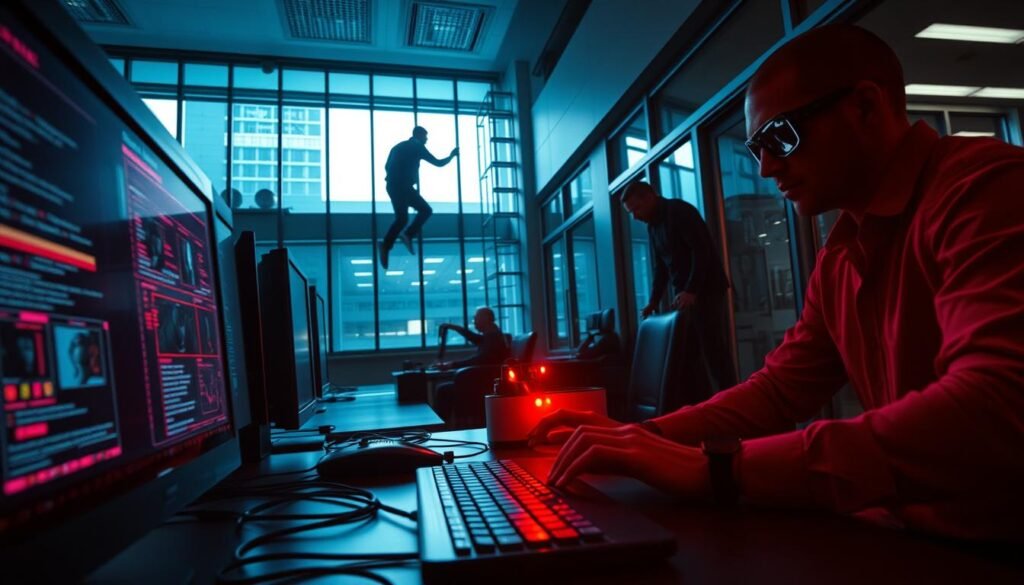 A high-intensity red team scenario unfolding in a corporate office setting. In the foreground, a hacker exploits a workstation, fingers darting across the keyboard as they breach the network perimeter. In the middle ground, an insider threat infiltrates the premises, their identity badge granting them access to restricted areas. In the background, a physical intruder scales the building's exterior, preparing to compromise the security through an open window. Dramatic lighting casts deep shadows, heightening the sense of tension and urgency. The scene is captured through a cinematic, wide-angle lens, conveying the scale and complexity of the multifaceted attack.