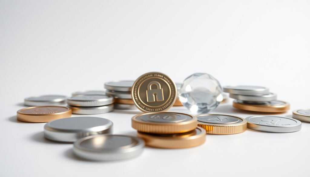 A high-resolution, detailed image of a collection of tokens against a minimalist white background. In the foreground, a set of opaque, rounded, metallic tokens in various shades of silver and bronze, casting subtle reflections. In the middle ground, a group of transparent, faceted tokens with a faint holographic shimmer, suggesting a digital or cryptographic nature. In the background, a soft, out-of-focus grid pattern, hinting at a secure, interconnected system. The lighting is crisp and directional, creating clean shadows and highlights to emphasize the tactile and digital qualities of the tokens. The overall mood is one of simplicity, elegance, and technological sophistication.