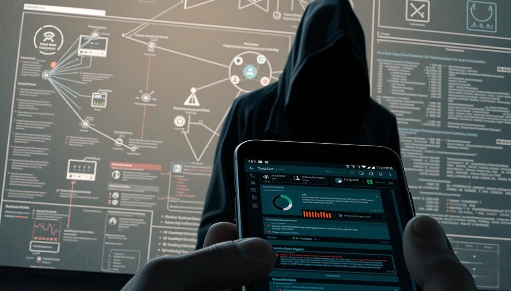 A high-resolution digital illustration depicting a malware case study scene. In the foreground, a close-up view of an android smartphone screen displays various malware analysis tools and dashboard interfaces. The middle ground shows a network diagram with interconnected nodes, data flows, and threat indicators. In the background, a shadowy figure representing a malicious actor lurks, surrounded by lines of obfuscated code and glyphs symbolizing complex malware behaviors. The overall atmosphere is tense, technical, and ominous, conveying the challenges of detecting and studying advanced android malware. The scene is rendered with a muted color palette, dramatic lighting, and a cinematic camera angle to heighten the sense of gravity and importance. A high-resolution digital illustration depicting a malware case study scene. In the foreground, a close-up view of an android smartphone screen displays various malware analysis tools and dashboard interfaces. The middle ground shows a network diagram with interconnected nodes, data flows, and threat indicators. In the background, a shadowy figure representing a malicious actor lurks, surrounded by lines of obfuscated code and glyphs symbolizing complex malware behaviors. The overall atmosphere is tense, technical, and ominous, conveying the challenges of detecting and studying advanced android malware. The scene is rendered with a muted color palette, dramatic lighting, and a cinematic camera angle to heighten the sense of gravity and importance.