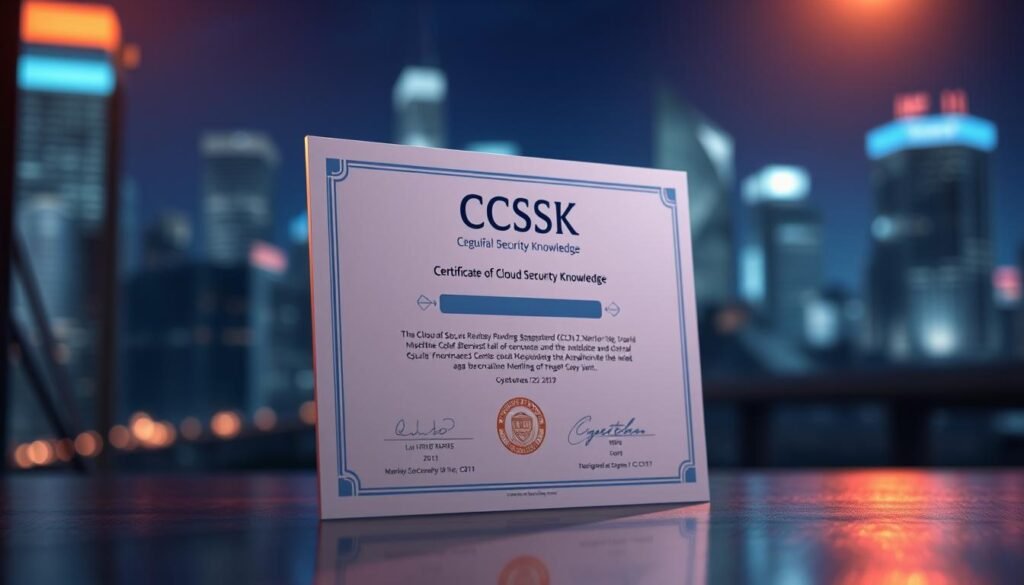 A high-resolution digital illustration of a CCSK (Certificate of Cloud Security Knowledge) certification in a realistic 3D environment. The certificate is prominently displayed in the foreground, with a soft focus blur in the background. The lighting is subtle and directional, casting gentle shadows that give depth and dimension to the scene. The overall atmosphere is one of professionalism, expertise, and the importance of cloud security knowledge. The certificate is rendered with intricate details, showcasing the official CCSK logo, security-themed graphics, and a clean, minimalist design. The background features a blurred cityscape, hinting at the global relevance and applicability of the CCSK certification.