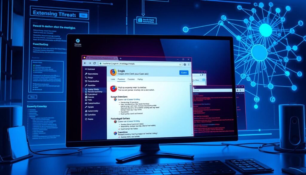 A high-resolution digital illustration of a computer screen displaying various browser extension windows, with a focus on the process of detecting and analyzing malicious add-ons. The screen is bathed in a cool, blue-tinted lighting, creating a serious, professional atmosphere. The foreground features a detailed window showcasing the capabilities and permissions of a suspect extension, while the middle ground shows multiple browser tabs open, each exploring the extension's behavior and potential threats. The background depicts a complex network diagram, visualizing the interconnected web of extension dependencies and potential attack vectors. The overall scene conveys the technical expertise and diligence required to uncover and understand the "Extension Threat" faced by security researchers and users alike.