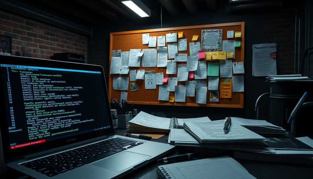 A high-resolution digital image depicting a workspace focused on the creation of a custom wordlist for password cracking. In the foreground, a laptop displays a terminal window with a command prompt, highlighting the process of generating and manipulating the wordlist. Surrounding the laptop are various office supplies, including a notebook, pen, and a collection of printed materials related to password security. In the middle ground, a corkboard displays an array of handwritten notes, printouts, and color-coded sticky notes, reflecting the iterative process of refining the wordlist. The background features a dimly lit, industrial-style office environment, with exposed brick walls and subtle lighting, creating a focused, analytical atmosphere. A high-resolution digital image depicting a workspace focused on the creation of a custom wordlist for password cracking. In the foreground, a laptop displays a terminal window with a command prompt, highlighting the process of generating and manipulating the wordlist. Surrounding the laptop are various office supplies, including a notebook, pen, and a collection of printed materials related to password security. In the middle ground, a corkboard displays an array of handwritten notes, printouts, and color-coded sticky notes, reflecting the iterative process of refining the wordlist. The background features a dimly lit, industrial-style office environment, with exposed brick walls and subtle lighting, creating a focused, analytical atmosphere.