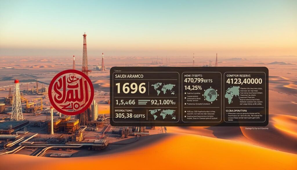 A high-resolution, photorealistic image of the core facts about Saudi Aramco, the world's largest oil company. The foreground shows the Aramco logo against a backdrop of oil refineries, pipelines, and drilling platforms. The middle ground features a set of infographic panels displaying key statistics about Aramco's production, reserves, and global operations. The background is a panoramic view of the Saudi Arabian desert landscape, with a cloudless sky and warm, golden lighting. The overall mood is one of industrial might, technological prowess, and energy dominance. A high-resolution, photorealistic image of the core facts about Saudi Aramco, the world's largest oil company. The foreground shows the Aramco logo against a backdrop of oil refineries, pipelines, and drilling platforms. The middle ground features a set of infographic panels displaying key statistics about Aramco's production, reserves, and global operations. The background is a panoramic view of the Saudi Arabian desert landscape, with a cloudless sky and warm, golden lighting. The overall mood is one of industrial might, technological prowess, and energy dominance.