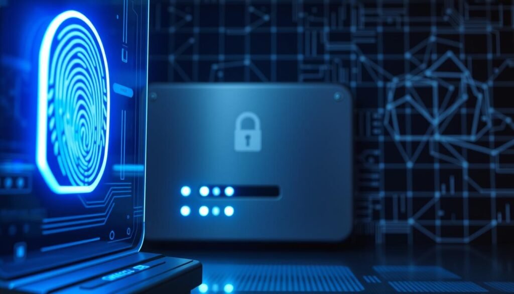 A high-security authentication system, with a futuristic and technologically advanced appearance. In the foreground, a fingerprint scanner illuminates with a soft blue glow, hinting at biometric security. The middle ground features a minimalist, metallic interface with glowing status indicators, suggesting robust account protection. In the background, a grid of abstract geometric shapes and lines, conveying the complex computational processes underlying secure sign-in. The lighting is cool and directional, casting dramatic shadows and highlighting the sleek, industrial design. The overall atmosphere is one of heightened security, precision, and technological sophistication. A high-security authentication system, with a futuristic and technologically advanced appearance. In the foreground, a fingerprint scanner illuminates with a soft blue glow, hinting at biometric security. The middle ground features a minimalist, metallic interface with glowing status indicators, suggesting robust account protection. In the background, a grid of abstract geometric shapes and lines, conveying the complex computational processes underlying secure sign-in. The lighting is cool and directional, casting dramatic shadows and highlighting the sleek, industrial design. The overall atmosphere is one of heightened security, precision, and technological sophistication.
