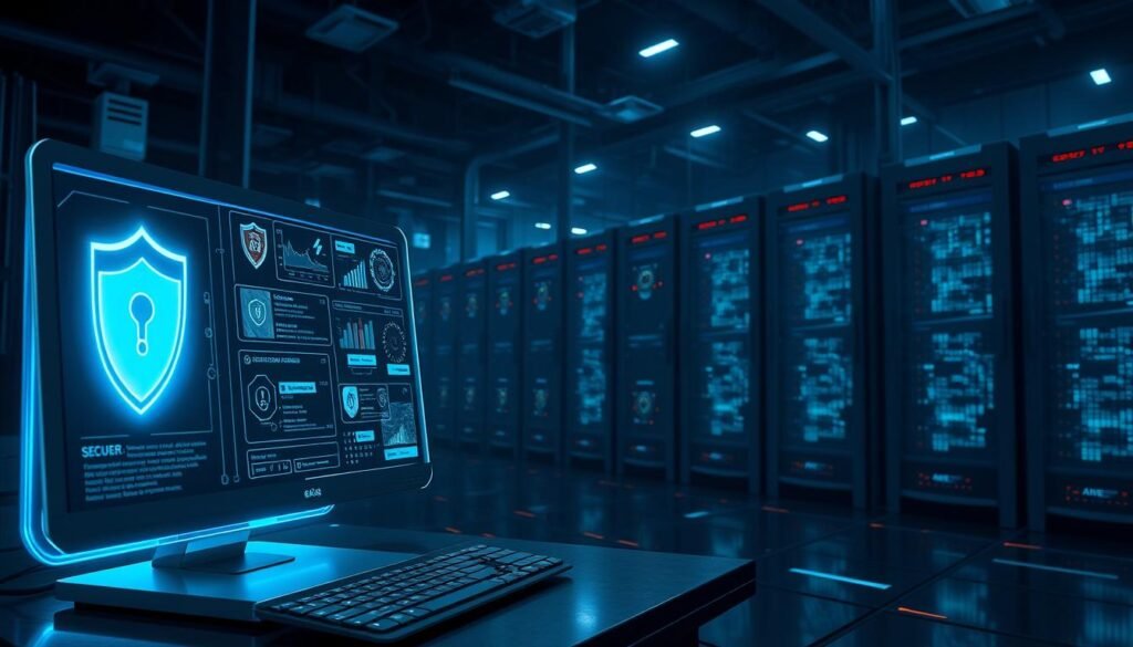 A high-security computer system with multiple layers of protection, including a firewall, antivirus software, and intrusion detection systems. The foreground features a sleek, futuristic desktop computer with a holographic display showcasing various security metrics and alerts. In the middle ground, a series of interconnected nodes and gateways represent a secure network infrastructure. The background depicts a dark, industrial landscape with towering server racks and glowing lines of code, creating an atmosphere of technological vigilance and cybersecurity. The lighting is dramatic, with a mix of cool blues and warm highlights, conveying a sense of power and control over the digital landscape.