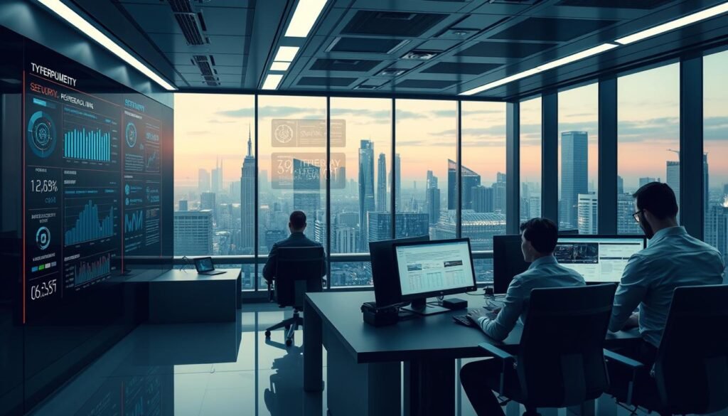 A high-security corporate office with a sleek, modern aesthetic. The foreground features a stylized security dashboard, displaying real-time metrics and analytics on network activity, system integrity, and user behavior. Subtle icons and infographics convey the overall security posture, with a focus on threat detection, risk mitigation, and compliance. The middle ground showcases a team of security professionals, seated at workstations, intensely monitoring the dashboard and collaborating on security strategies. Soft, indirect lighting creates an atmosphere of focused intensity, while the background depicts a panoramic view of the city skyline, highlighting the importance of maintaining a robust security stance in the modern digital landscape. The overall composition conveys a sense of control, vigilance, and proactive security measures, aligning with the "Measuring Results, Reporting Findings, and Improving Security Posture" section of the article. A high-security corporate office with a sleek, modern aesthetic. The foreground features a stylized security dashboard, displaying real-time metrics and analytics on network activity, system integrity, and user behavior. Subtle icons and infographics convey the overall security posture, with a focus on threat detection, risk mitigation, and compliance. The middle ground showcases a team of security professionals, seated at workstations, intensely monitoring the dashboard and collaborating on security strategies. Soft, indirect lighting creates an atmosphere of focused intensity, while the background depicts a panoramic view of the city skyline, highlighting the importance of maintaining a robust security stance in the modern digital landscape. The overall composition conveys a sense of control, vigilance, and proactive security measures, aligning with the "Measuring Results, Reporting Findings, and Improving Security Posture" section of the article.