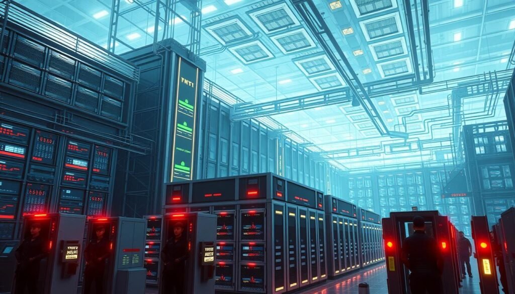 A high-security data center, its towering structure surrounded by a reinforced perimeter wall. In the foreground, a series of redundant security checkpoints, with armed guards and advanced biometric scanners. The middle ground features a cluster of hardened, redundant servers, their sleek metal casings gleaming under strategically placed high-intensity LED lighting. In the background, a complex network of virtualized environments, hypervisors, and virtual machines, all secured by overlapping firewalls and intrusion detection systems. The overall atmosphere conveys a sense of impenetrable digital fortress, ready to withstand even the most sophisticated cyber attacks. A high-security data center, its towering structure surrounded by a reinforced perimeter wall. In the foreground, a series of redundant security checkpoints, with armed guards and advanced biometric scanners. The middle ground features a cluster of hardened, redundant servers, their sleek metal casings gleaming under strategically placed high-intensity LED lighting. In the background, a complex network of virtualized environments, hypervisors, and virtual machines, all secured by overlapping firewalls and intrusion detection systems. The overall atmosphere conveys a sense of impenetrable digital fortress, ready to withstand even the most sophisticated cyber attacks.