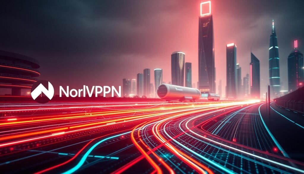 A high-speed internet connection, represented by glowing data streams pulsing through a futuristic landscape. In the foreground, NordVPN's iconic logo is prominently displayed, its advanced security features symbolized by a secure, encrypted network. The middle ground features a dynamic visualization of connection speeds, with lines of varying thickness and intensity, conveying the power and efficiency of NordVPN's performance. In the background, a sleek, minimalist cityscape with towering skyscrapers and neon accents sets the scene, reflecting the advanced, cutting-edge nature of the service. Illuminated by warm, directional lighting that casts dramatic shadows, the overall composition evokes a sense of technological mastery and unwavering reliability. A high-speed internet connection, represented by glowing data streams pulsing through a futuristic landscape. In the foreground, NordVPN's iconic logo is prominently displayed, its advanced security features symbolized by a secure, encrypted network. The middle ground features a dynamic visualization of connection speeds, with lines of varying thickness and intensity, conveying the power and efficiency of NordVPN's performance. In the background, a sleek, minimalist cityscape with towering skyscrapers and neon accents sets the scene, reflecting the advanced, cutting-edge nature of the service. Illuminated by warm, directional lighting that casts dramatic shadows, the overall composition evokes a sense of technological mastery and unwavering reliability.