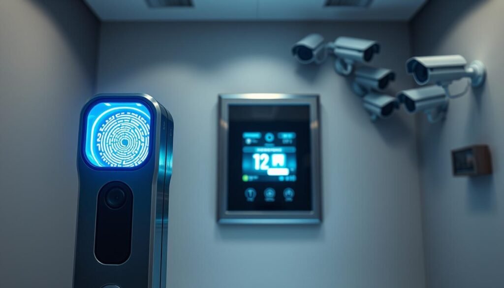 A high-tech access control system with a sleek, futuristic design. In the foreground, a fingerprint scanner and an iris recognition device are positioned side-by-side, casting a soft blue glow. The middle ground features a biometric access panel with a touchscreen display, surrounded by a seamless metal frame. In the background, a series of security cameras are mounted on the wall, their lenses focused on the access point. The lighting is bright and even, creating a sense of precision and professionalism. The overall atmosphere conveys a strong emphasis on security, control, and technological sophistication. A high-tech access control system with a sleek, futuristic design. In the foreground, a fingerprint scanner and an iris recognition device are positioned side-by-side, casting a soft blue glow. The middle ground features a biometric access panel with a touchscreen display, surrounded by a seamless metal frame. In the background, a series of security cameras are mounted on the wall, their lenses focused on the access point. The lighting is bright and even, creating a sense of precision and professionalism. The overall atmosphere conveys a strong emphasis on security, control, and technological sophistication.