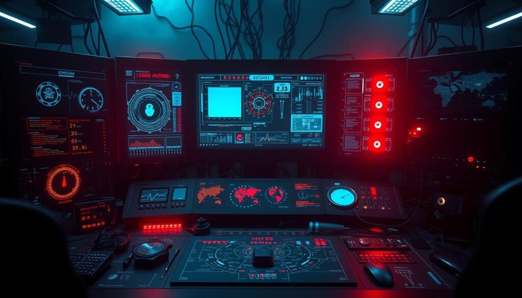 A high-tech control panel with a central screen displaying a sophisticated virus detection system. In the foreground, various cybersecurity icons and indicators pulsate with data analytics, offering insights into the ongoing battle against malicious code. The middle ground features an intricate network of interconnected nodes and cables, suggesting a complex, layered defense architecture. The background is shrouded in an ominous, shadowy atmosphere, hinting at the ever-evolving threats lurking in the digital landscape. Dramatic lighting emphasizes the gravity of the situation, casting a sense of intensity and urgency. The overall scene conveys a sense of vigilance, resilience, and the relentless pursuit of effective detection strategies. A high-tech control panel with a central screen displaying a sophisticated virus detection system. In the foreground, various cybersecurity icons and indicators pulsate with data analytics, offering insights into the ongoing battle against malicious code. The middle ground features an intricate network of interconnected nodes and cables, suggesting a complex, layered defense architecture. The background is shrouded in an ominous, shadowy atmosphere, hinting at the ever-evolving threats lurking in the digital landscape. Dramatic lighting emphasizes the gravity of the situation, casting a sense of intensity and urgency. The overall scene conveys a sense of vigilance, resilience, and the relentless pursuit of effective detection strategies.