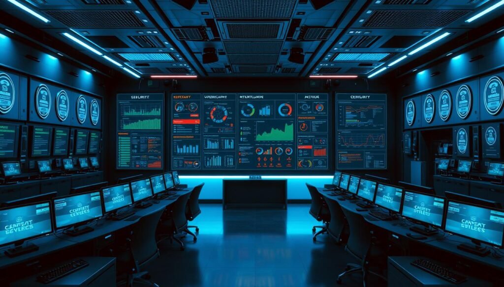 A high-tech control room with a large central display panel showcasing a comprehensive security dashboard. The panel displays real-time metrics, threat indicators, and recommended mitigation actions. Flanking the display are rows of networked workstations where security analysts monitor and respond to alerts. The room is bathed in a cool, blue-tinted lighting, creating a sense of technological authority and vigilance. The walls are adorned with security certifications and awards, conveying the organization's commitment to robust cybersecurity. The overall atmosphere is one of professionalism, diligence, and proactive risk management.