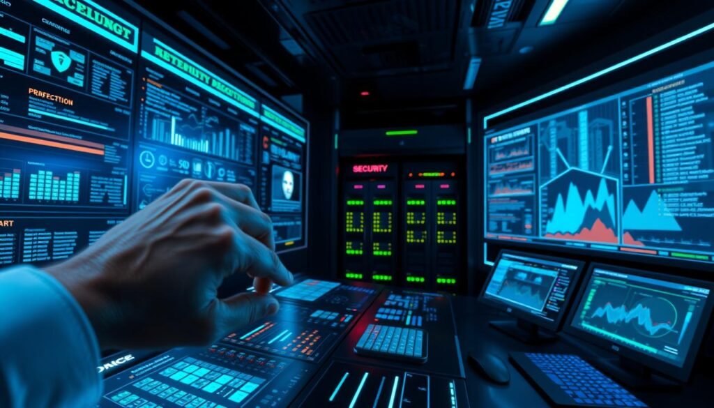 A high-tech control room with a sprawling dashboard of security settings and monitoring screens. The sleek, dark interface is illuminated by cool blue and green accent lights, creating an atmosphere of precision and vigilance. In the foreground, a hand hovers over a touchscreen, adjusting various parameters like network traffic, user permissions, and threat detection thresholds. The middle ground features a panoramic view of the virtual security landscape, with data visualizations and alerts pulsing across multiple displays. In the background, a towering rack of servers and networking hardware hums with the steady rhythm of safeguarding critical systems. An air of focused intensity pervades the scene, underscoring the importance of optimizing these crucial security settings.