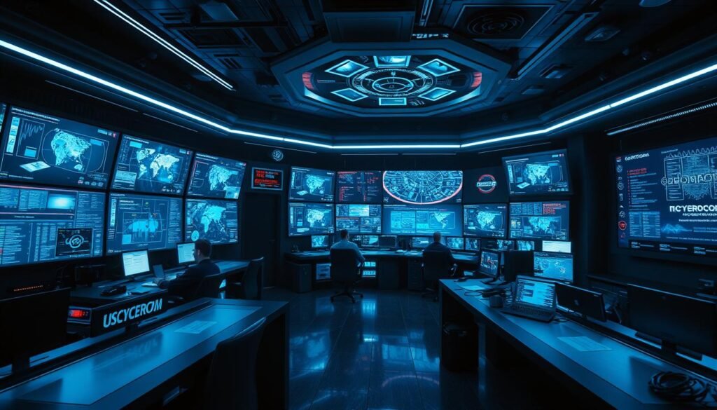 A high-tech control room with multiple screens and holographic displays, showcasing the operations of USCYBERCOM. Futuristic interfaces and data visualizations fill the dimly lit space, creating an atmosphere of intense focus and technological sophistication. Sleek, angular workstations are occupied by cybersecurity professionals intently monitoring real-time threats. The room is illuminated by cool, bluish lighting that casts sharp shadows, emphasizing the gravity of the mission. The overall scene conveys the advanced capabilities and critical importance of USCYBERCOM in defending against cyber threats to national security.