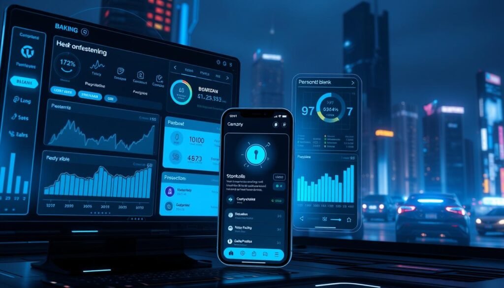 A high-tech digital banking interface, featuring various overlays and data visualizations. The foreground showcases a sleek, minimalist dashboard with interactive charts, graphs, and transaction details. The middle ground depicts a mobile banking app with security authentication prompts and investment portfolio projections. The background subtly blends elements of blockchain, cryptocurrency, and personal data management - all set against a subtly lit, futuristic cityscape. The overall mood is one of sophisticated financial technology, security, and data management, complementing the article's focus on the impact and risks of Android malware targeting banking, crypto, and personal information.