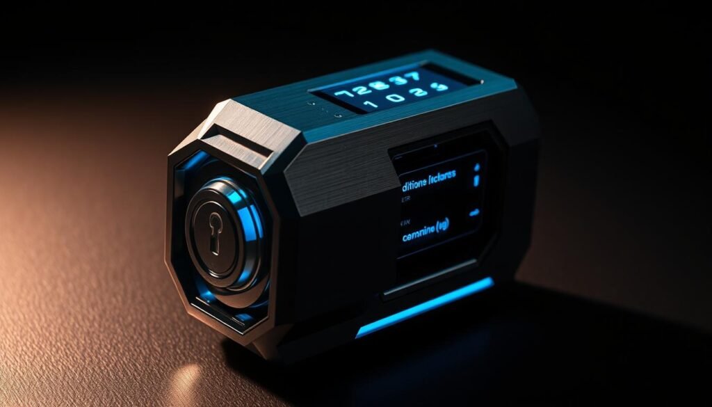 A high-tech dynamic lock device, sleekly designed with brushed metal casing and illuminated digital display. The lock mechanism is precisely engineered, featuring advanced biometric sensors and adaptive locking algorithms. Dramatic studio lighting casts dramatic shadows, emphasizing the device's angular, futuristic aesthetic. The lock is positioned prominently, conveying a sense of robust security and sophisticated technology safeguarding the user's digital assets. The overall mood is one of high-tech reliability and cutting-edge protective measures, perfectly suited to illustrate the "Automatically Lock Your Session with Dynamic Lock" section of the security article. A high-tech dynamic lock device, sleekly designed with brushed metal casing and illuminated digital display. The lock mechanism is precisely engineered, featuring advanced biometric sensors and adaptive locking algorithms. Dramatic studio lighting casts dramatic shadows, emphasizing the device's angular, futuristic aesthetic. The lock is positioned prominently, conveying a sense of robust security and sophisticated technology safeguarding the user's digital assets. The overall mood is one of high-tech reliability and cutting-edge protective measures, perfectly suited to illustrate the "Automatically Lock Your Session with Dynamic Lock" section of the security article.