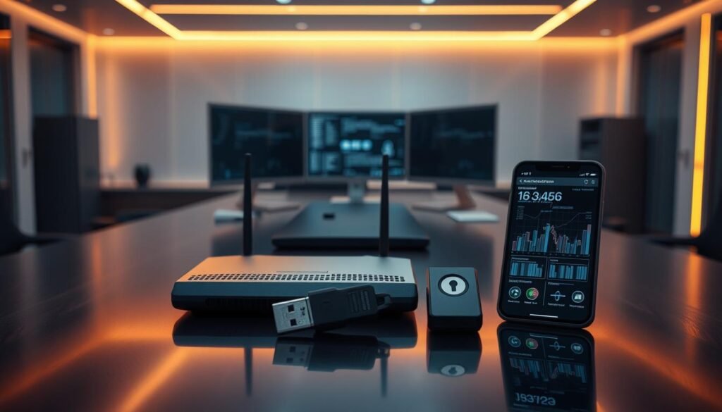 A high-tech, minimalist office space with an imposing desk and sleek computer monitors. Warm, directional lighting illuminates a selection of cybersecurity tools neatly arranged on the desktop - a network router, a USB security key, and a smartphone displaying security analytics. The background is blurred, emphasizing the focus on the security selection. Subtle reflections on the polished surfaces create a sense of depth and professionalism. The overall mood is one of thoughtful, methodical decision-making around the optimal cybersecurity tools for a modern workplace.