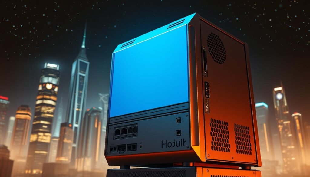 A high-tech network security firewall, its sleek metallic casing illuminated by a soft blue glow. The device stands tall, dominating the frame with its imposing presence. In the background, a digitized cityscape with towering skyscrapers and a starry night sky, hinting at the vast network landscape it protects. Warm lighting casts dramatic shadows, creating a sense of depth and complexity. The firewall's various ports, vents, and intricate circuits are meticulously detailed, conveying its sophisticated technological capabilities. An air of precision and reliability permeates the scene, reflecting the essential role this firewall plays in safeguarding a small business's digital assets. A high-tech network security firewall, its sleek metallic casing illuminated by a soft blue glow. The device stands tall, dominating the frame with its imposing presence. In the background, a digitized cityscape with towering skyscrapers and a starry night sky, hinting at the vast network landscape it protects. Warm lighting casts dramatic shadows, creating a sense of depth and complexity. The firewall's various ports, vents, and intricate circuits are meticulously detailed, conveying its sophisticated technological capabilities. An air of precision and reliability permeates the scene, reflecting the essential role this firewall plays in safeguarding a small business's digital assets.