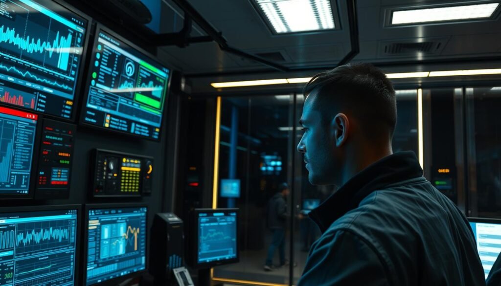 A high-tech security control room with multiple screens displaying real-time data and analytics. In the foreground, a security analyst closely monitors the screens, their face lit by the glow of the displays. The middle ground features state-of-the-art security equipment, including biometric scanners, access control panels, and intrusion detection sensors. The background is a futuristic, minimalist environment with sleek, metallic surfaces and subtle ambient lighting, conveying a sense of technological sophistication and data protection. The overall atmosphere is one of vigilance, control, and the rigorous safeguarding of sensitive information.