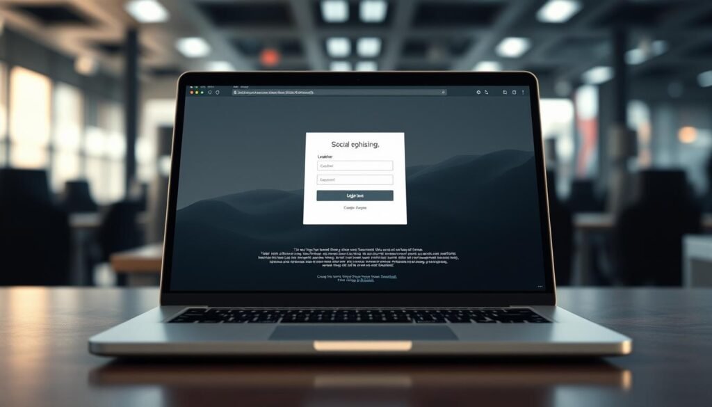 A highly detailed and realistic digital illustration of a social engineering phishing webpage. The page is presented on a modern laptop or desktop computer screen, with a sleek and minimalistic design. The layout features a prominent login form in the center, framed by subtle yet sophisticated UI elements. The page background is softly blurred, hinting at the broader context of a professional software or cybersecurity environment. The overall mood is one of subtle sophistication and technological prowess, conveying the seriousness and importance of the subject matter. The lighting is natural and indirect, creating depth and dimensionality. The camera angle is slightly elevated, providing an engaging and authoritative perspective.