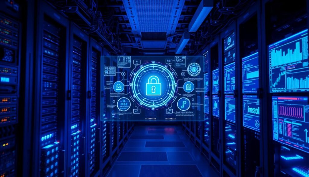 A highly detailed and technical cybersecurity data center, illuminated by cool blue lighting. In the foreground, intricate server racks and network switches, their LED displays casting a faint glow. In the middle ground, a holographic display showcases various AI-driven security models and threat detection systems. The background features a towering wall of monitors, each displaying real-time data analytics and threat intelligence. The atmosphere is one of focused intensity, conveying the critical importance of safeguarding sensitive information and infrastructure against cyber threats.