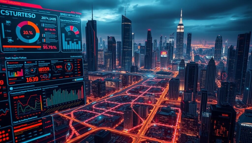 A highly detailed, data-driven cybersecurity intelligence landscape. In the foreground, a data visualization dashboard displays real-time threat analytics, intricate network diagrams, and vulnerability assessments. The middle ground features a mosaic of interconnected data sources - social media, public records, dark web forums - converging to reveal hidden patterns and potential attack vectors. In the background, a futuristic city skyline with towering skyscrapers reflects the complex, ever-evolving nature of the digital world. Dramatic lighting casts dramatic shadows, conveying the gravity and importance of transforming raw data into actionable intelligence. The overall mood is one of technological sophistication, analytical rigor, and strategic foresight.
