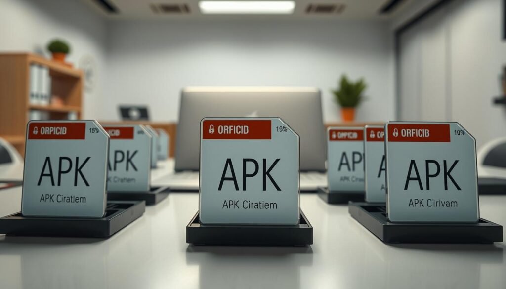 A highly detailed, realistic image of several Android APK files arranged on a clean, organized desk. The files are displayed in the foreground, showcasing their distinct app icons and file names. The middle ground features a sleek, modern laptop or computer, hinting at the technical nature of the task. The background is a softly-lit, minimalist office setting, conveying a professional, focused atmosphere. Careful lighting creates subtle shadows and highlights, emphasizing the three-dimensional nature of the APK files. The overall composition and attention to detail evoke a sense of thoughtful examination and privacy-conscious decision making.
