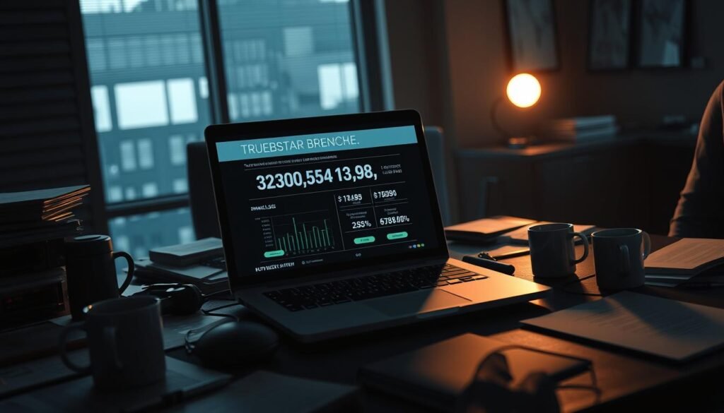 A highly detailed, realistic rendering of a data breach incident. A dark, ominous corporate office scene, with a laptop screen displaying breach statistics and financial loss data. Dramatic low-angle lighting casts long shadows, creating a sense of foreboding. The laptop sits on a cluttered desk, surrounded by scattered documents, coffee mugs, and other office detritus, conveying the chaos and disruption caused by the breach. The background is slightly out of focus, hinting at the far-reaching consequences and the broader organizational impact. The overall mood is one of dread and a sober recognition of the true, staggering cost of a data breach.