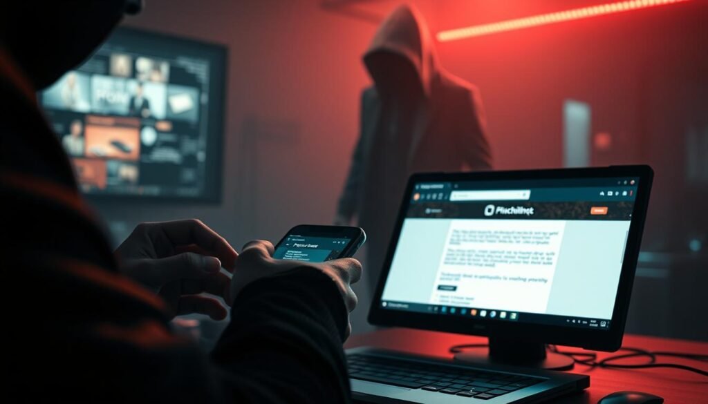 A highly realistic, cinematic view of a malicious phishing attack in progress. In the foreground, a hacker's hand manipulates a smartphone, crafting a deceptive email to lure unsuspecting victims. The middle ground depicts a computer screen displaying a phishing website, meticulously designed to mimic a trusted brand. In the background, a shadowy figure looms, representing the threat of cybercriminals exploiting human vulnerabilities. The scene is bathed in a tense, ominous lighting, creating a sense of unease and the gravity of the situation. The overall atmosphere conveys the sophistication and effectiveness of phishing attacks that can compromise both individuals and organizations.