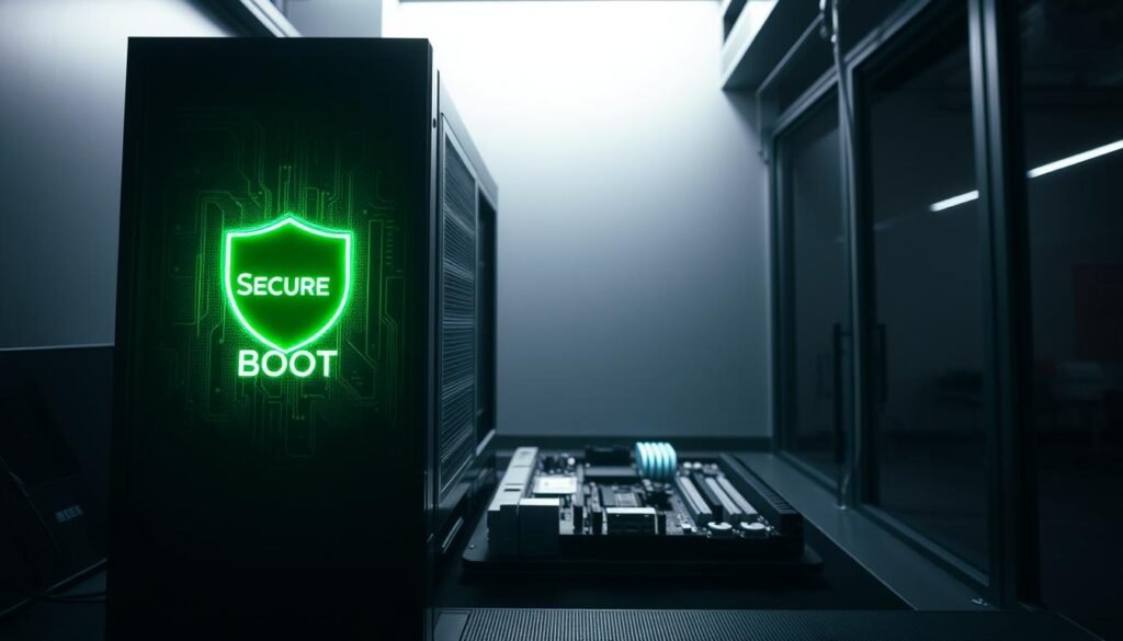 A highly secure computer system, with a sleek and modern aesthetic. In the foreground, a glowing, holographic-like display showcases the "Secure Boot" status, its green indicator radiating a sense of reassurance. The middle ground features a precision-crafted motherboard, its components meticulously arranged, conveying a high-tech, industrial vibe. In the background, a minimalist, dimly-lit environment suggests a professional, enterprise-level setting, further emphasizing the importance of this security feature. Dramatic lighting casts subtle shadows, creating depth and a powerful, authoritative atmosphere. The overall composition exudes a sense of reliability, stability, and unwavering protection. A highly secure computer system, with a sleek and modern aesthetic. In the foreground, a glowing, holographic-like display showcases the "Secure Boot" status, its green indicator radiating a sense of reassurance. The middle ground features a precision-crafted motherboard, its components meticulously arranged, conveying a high-tech, industrial vibe. In the background, a minimalist, dimly-lit environment suggests a professional, enterprise-level setting, further emphasizing the importance of this security feature. Dramatic lighting casts subtle shadows, creating depth and a powerful, authoritative atmosphere. The overall composition exudes a sense of reliability, stability, and unwavering protection.