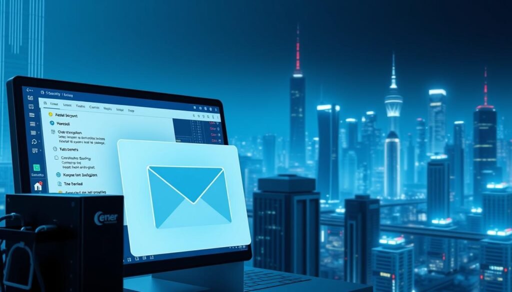 A highly secure inbox with robust email security protocols. In the foreground, a virtual desktop displaying a sleek email interface, guarded by advanced encryption, multi-factor authentication, and anti-phishing measures. In the middle ground, a network of servers and data centers, their interconnected infrastructure safeguarding sensitive communications. In the background, a cityscape of towering skyscrapers, representing the enterprise-level security required to protect against sophisticated cyber threats. The scene is illuminated by a cool, filtered light, conveying a sense of technological sophistication and digital fortification.