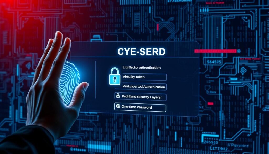 A highly secure login screen with a multi-factor authentication interface. In the foreground, a user's hand hovers over a biometric sensor, their fingerprint glowing as it is scanned. In the middle ground, a series of virtual security tokens and one-time passwords are displayed, indicating the various authentication layers required. The background features a seamless gradient of digital patterns and encrypted data streams, creating a futuristic, high-tech atmosphere. Dramatic lighting casts shadows and highlights the interactive nature of the login process, emphasizing the importance of robust security measures that go beyond a simple password.