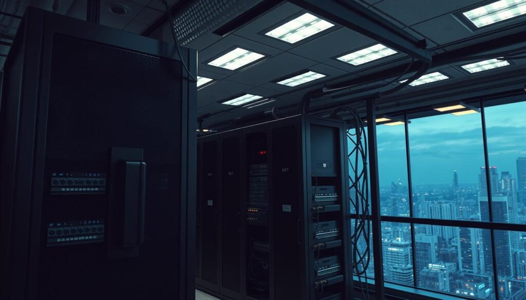 A highly secure server room, illuminated by soft, diffused lighting from overhead fixtures. The foreground features a robust security cabinet, its sleek black exterior adorned with biometric scanners and secure access panels. In the middle ground, a network of cables and servers hum with activity, protected by redundant cooling systems and backup power supplies. The background showcases a panoramic view of the city skyline, emphasizing the importance of this critical infrastructure. The atmosphere conveys a sense of unwavering protection, with every detail engineered to safeguard against potential threats.