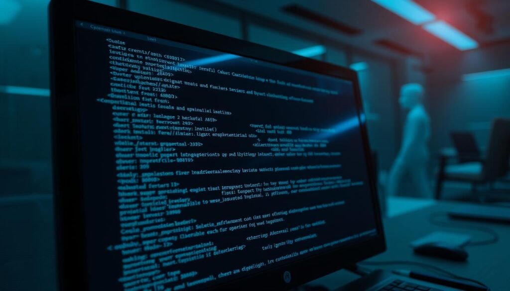 A highly secured computer screen displaying lines of intricate source code, protected by a robust firewall and cryptographic algorithms. The background is a serene, dimly lit office setting, conveying a sense of security and professionalism. Subtle blue and green hues create a calming atmosphere, while the foreground is illuminated by a soft, directional light, highlighting the complexity and importance of the code. The camera angle is slightly elevated, giving the viewer a sense of authority and control over the scene. The overall impression is one of a well-guarded, technologically advanced system, safeguarding the sensitive information within. A highly secured computer screen displaying lines of intricate source code, protected by a robust firewall and cryptographic algorithms. The background is a serene, dimly lit office setting, conveying a sense of security and professionalism. Subtle blue and green hues create a calming atmosphere, while the foreground is illuminated by a soft, directional light, highlighting the complexity and importance of the code. The camera angle is slightly elevated, giving the viewer a sense of authority and control over the scene. The overall impression is one of a well-guarded, technologically advanced system, safeguarding the sensitive information within.