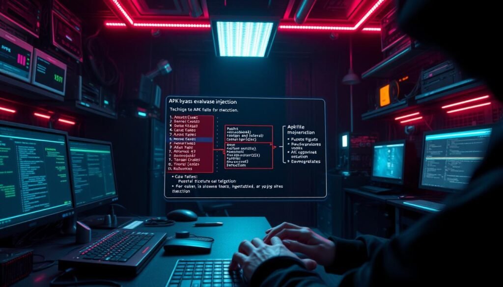 A highly sophisticated malware analysis lab, with a complex setup of computers, servers, and specialized tools. In the foreground, a hacker's hands skillfully manipulating code, showcasing techniques to bypass signature-based detection. The middle ground features a holographic display showing a detailed diagram of an APK file's structure, highlighting the key areas for payload injection. The background is shrouded in an ominous, neon-lit atmosphere, conveying the covert and subversive nature of these tactics. Dramatic lighting and cinematic angles emphasize the technical complexity and high-stakes nature of this malware evasion scenario. A highly sophisticated malware analysis lab, with a complex setup of computers, servers, and specialized tools. In the foreground, a hacker's hands skillfully manipulating code, showcasing techniques to bypass signature-based detection. The middle ground features a holographic display showing a detailed diagram of an APK file's structure, highlighting the key areas for payload injection. The background is shrouded in an ominous, neon-lit atmosphere, conveying the covert and subversive nature of these tactics. Dramatic lighting and cinematic angles emphasize the technical complexity and high-stakes nature of this malware evasion scenario.