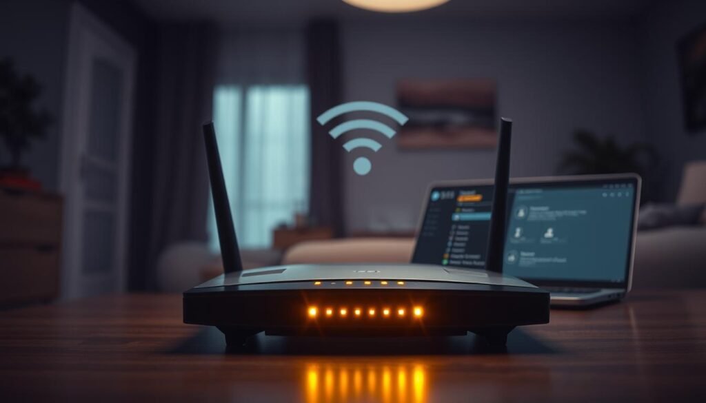 A home router in a well-lit room, front and center, with a strong wireless signal emanating from it. The router is sleek and modern, its status lights blinking to indicate an active network connection. In the background, a partially obscured laptop or mobile device is connected to the Wi-Fi, with a simple, uncluttered user interface highlighting the network settings. The overall mood is one of security and control, conveying the ability to monitor and manage the wireless network effectively.