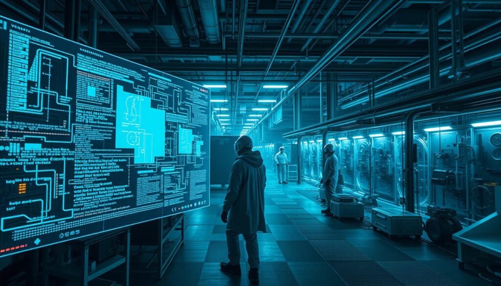 A large industrial facility with a network of connected devices and systems. In the foreground, a holographic display shows a continuous stream of vulnerability data, overlaying the physical space. In the middle ground, technicians in protective gear monitor and respond to emerging threats, their movements fluid and precise. The background is a complex web of pipes, wires, and infrastructure, bathed in a cool, blue-tinted lighting that evokes a sense of technological precision. The overall atmosphere is one of vigilance, control, and the seamless integration of human and machine in the pursuit of robust, uninterrupted defense.