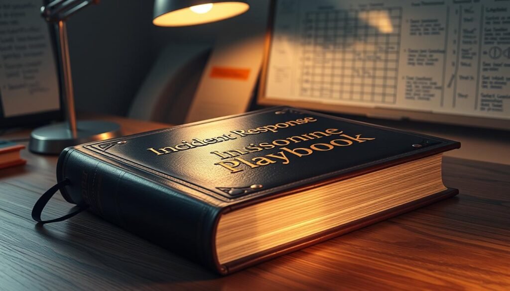 A large, leather-bound book rests on a wooden desk, its cover embossed with the title "Incident Response Playbook" in gold lettering. The book is illuminated by the warm glow of a desk lamp, casting soft shadows across the surface. In the background, a whiteboard or corkboard is visible, covered in handwritten notes, diagrams, and checklists, reflecting the step-by-step nature of the playbook. The overall scene conveys a sense of professionalism, organization, and the importance of the incident response process, set against a muted, office-like atmosphere. A large, leather-bound book rests on a wooden desk, its cover embossed with the title "Incident Response Playbook" in gold lettering. The book is illuminated by the warm glow of a desk lamp, casting soft shadows across the surface. In the background, a whiteboard or corkboard is visible, covered in handwritten notes, diagrams, and checklists, reflecting the step-by-step nature of the playbook. The overall scene conveys a sense of professionalism, organization, and the importance of the incident response process, set against a muted, office-like atmosphere.
