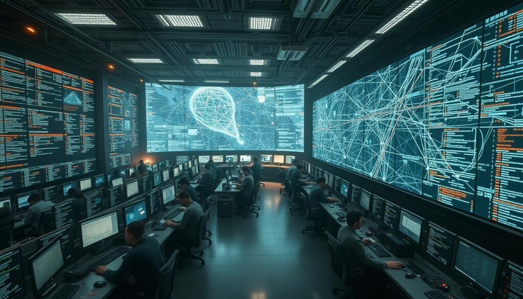 A large open-source intelligence (OSINT) data center, bustling with activity. Rows of computer terminals, each manned by a data analyst, poring over streams of information from various online sources. Massive data visualization screens dominate the space, revealing intricate webs of connections and patterns. The atmosphere is one of focused intensity, as the team works tirelessly to uncover insights and make sense of the vast trove of data at their fingertips. Soft, diffused lighting illuminates the scene, casting a warm, contemplative glow over the proceedings. A high-angle perspective captures the scale and complexity of the operation, highlighting the sheer magnitude of the data-gathering and correlation process.