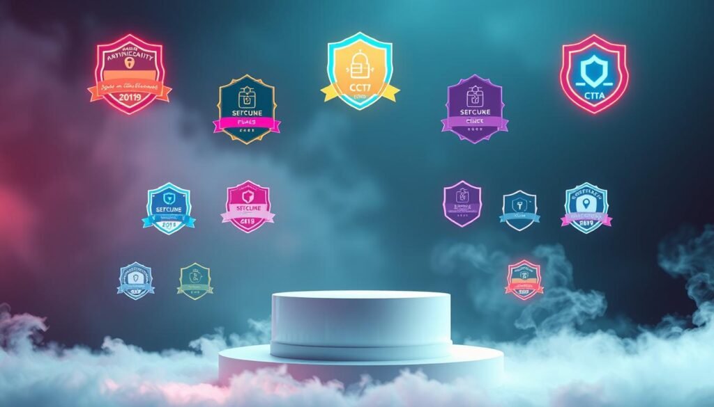 A meticulously composed image showcasing the latest cloud security certifications. In the foreground, an array of certification badges and emblems float against a hazy, atmospheric background. The certifications are rendered in vivid, holographic detail, hinting at their prestigious and cutting-edge nature. In the middle ground, a sleek, minimalist display podium serves as the centerpiece, illuminated by soft, diffuse lighting. The background is a serene, cloud-like environment, with wispy tendrils of ethereal mist drifting lazily. The overall mood is one of authority, innovation, and the seamless integration of technology and security.