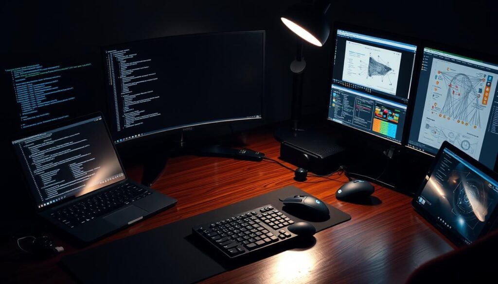 A meticulously configured computer desk in a dimly lit home office, the soft glow of a desk lamp illuminating the array of devices and tools. Sleek black monitors, a sturdy keyboard, and a high-precision mouse sit atop a polished wooden surface. On the left, an open laptop displaying lines of code, while on the right, a tablet shows network diagrams and security analysis software. The background is shrouded in shadows, focusing the viewer's attention on the technical setup, conveying a sense of focused, methodical preparation for a critical security task. A meticulously configured computer desk in a dimly lit home office, the soft glow of a desk lamp illuminating the array of devices and tools. Sleek black monitors, a sturdy keyboard, and a high-precision mouse sit atop a polished wooden surface. On the left, an open laptop displaying lines of code, while on the right, a tablet shows network diagrams and security analysis software. The background is shrouded in shadows, focusing the viewer's attention on the technical setup, conveying a sense of focused, methodical preparation for a critical security task.