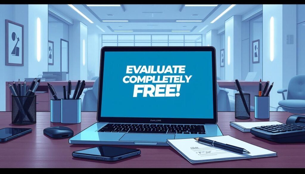 A meticulously detailed and realistic digital illustration showcasing a modern office desk setup. The foreground features a sleek laptop, a smartphone, and a stylized "Evaluate Completely Free" graphic on the laptop screen, conveying the concept of scrutinizing supposedly free digital offerings. The middle ground displays an array of office supplies, including a pen holder, a notepad, and a calculator, suggesting a professional, analytical approach. The background depicts a minimalist, well-lit office environment with clean lines, neutral tones, and subtle architectural elements, creating an atmosphere of thoughtful evaluation and informed decision-making. A meticulously detailed and realistic digital illustration showcasing a modern office desk setup. The foreground features a sleek laptop, a smartphone, and a stylized "Evaluate Completely Free" graphic on the laptop screen, conveying the concept of scrutinizing supposedly free digital offerings. The middle ground displays an array of office supplies, including a pen holder, a notepad, and a calculator, suggesting a professional, analytical approach. The background depicts a minimalist, well-lit office environment with clean lines, neutral tones, and subtle architectural elements, creating an atmosphere of thoughtful evaluation and informed decision-making.