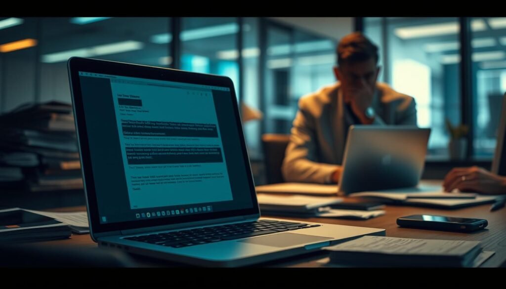 A meticulously detailed office scene, capturing the insidious nature of BEC scams. In the foreground, a laptop screen displays an ominous email, its contents hidden from view. The desk is cluttered with documents and a smartphone, evoking a sense of distraction and vulnerability. Warm, diffused lighting casts subtle shadows, creating an air of unease. The middle ground features a businessperson, their face obscured, engrossed in the screen, unaware of the impending financial disaster. The background is a blurred, corporate environment, suggesting the broader impact of these malware-free, email-driven frauds draining company accounts.
