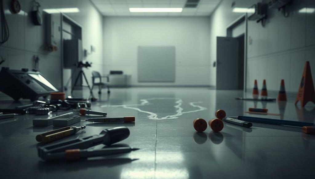 A meticulously organized crime scene, illuminated by soft, diffused lighting. In the foreground, an array of forensic tools and evidence markers, casting long shadows across the polished floor. In the middle ground, a partially obscured body outline delicately outlined in chalk, hinting at the gravity of the situation. The background reveals a sterile, clinical environment, with pristine white walls and a sense of unease pervading the air. The overall atmosphere is one of careful documentation, an unwavering focus on uncovering the truth, and the weight of a complex investigation.