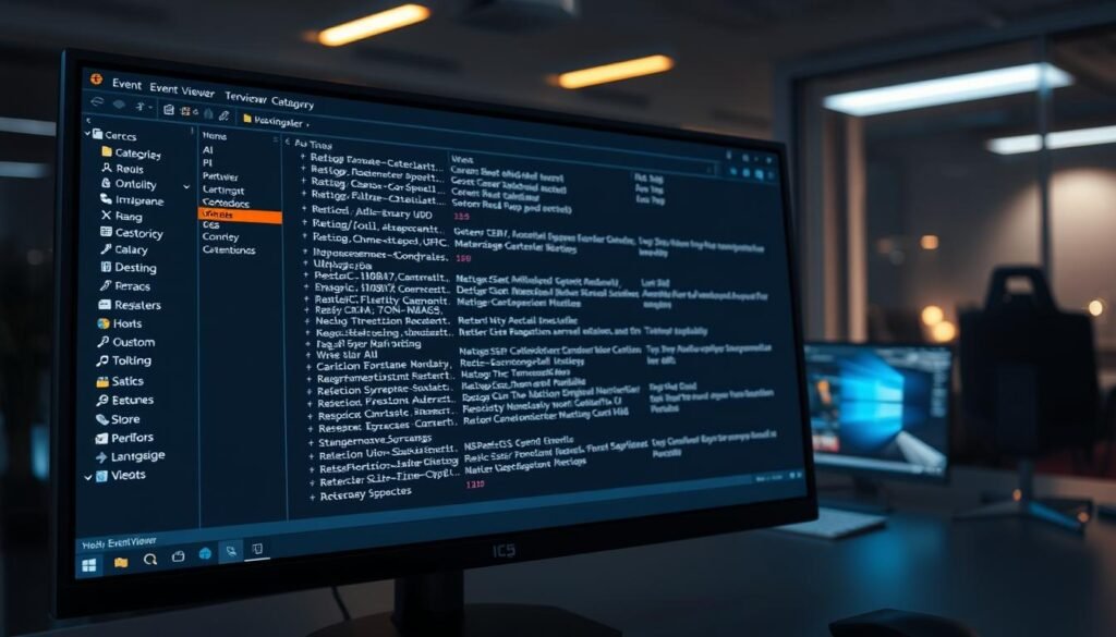 A meticulously rendered event viewer log interface, displayed on a sleek and modern computer monitor. The foreground features the distinct Event Viewer UI, with its crisp, high-contrast typography, nested categories, and detailed logs. The middle ground showcases the computer's desktop, with a subtle desktop wallpaper and minimalist taskbar. The background is a softly lit, professional office setting, with hints of warm, indirect lighting and a sense of quiet contemplation. The overall atmosphere conveys a sense of technical proficiency, problem-solving, and the careful examination of system data.