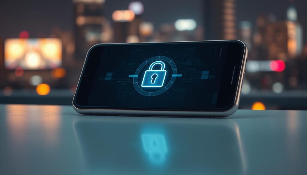 A modern Android smartphone rests on a sleek, minimalist surface, its screen illuminated with a detailed visualization of a secure lock icon. The phone's metallic frame reflects the soft, warm lighting of the scene, conveying a sense of technological sophistication and digital safety. In the background, a subtly blurred cityscape hints at the device's role in protecting the user's digital life amidst the interconnected, fast-paced urban environment. The composition emphasizes the phone's central position, underscoring its importance as a essential tool for safeguarding one's privacy and security in the digital age. A modern Android smartphone rests on a sleek, minimalist surface, its screen illuminated with a detailed visualization of a secure lock icon. The phone's metallic frame reflects the soft, warm lighting of the scene, conveying a sense of technological sophistication and digital safety. In the background, a subtly blurred cityscape hints at the device's role in protecting the user's digital life amidst the interconnected, fast-paced urban environment. The composition emphasizes the phone's central position, underscoring its importance as a essential tool for safeguarding one's privacy and security in the digital age.