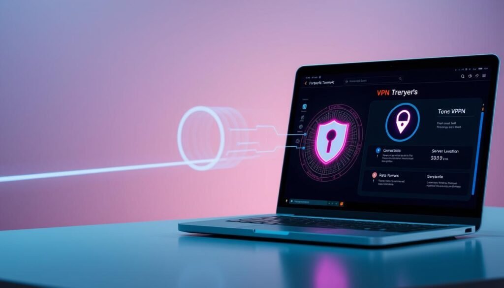 A modern corporate virtual private network (VPN) interface, showcasing a secure encrypted tunnel connecting a laptop to a remote server. The foreground features a sleek, minimalist laptop display with a VPN app interface, highlighting key features like connection status, server location, and data throughput. The middle ground depicts a stylized representation of the VPN tunnel, with data packets flowing seamlessly between the laptop and server. The background is a soft, muted gradient, conveying a sense of privacy and data protection. The lighting is cool and subdued, reflecting the professional, enterprise-level nature of the VPN system. The overall mood is one of efficiency, security, and technological sophistication.